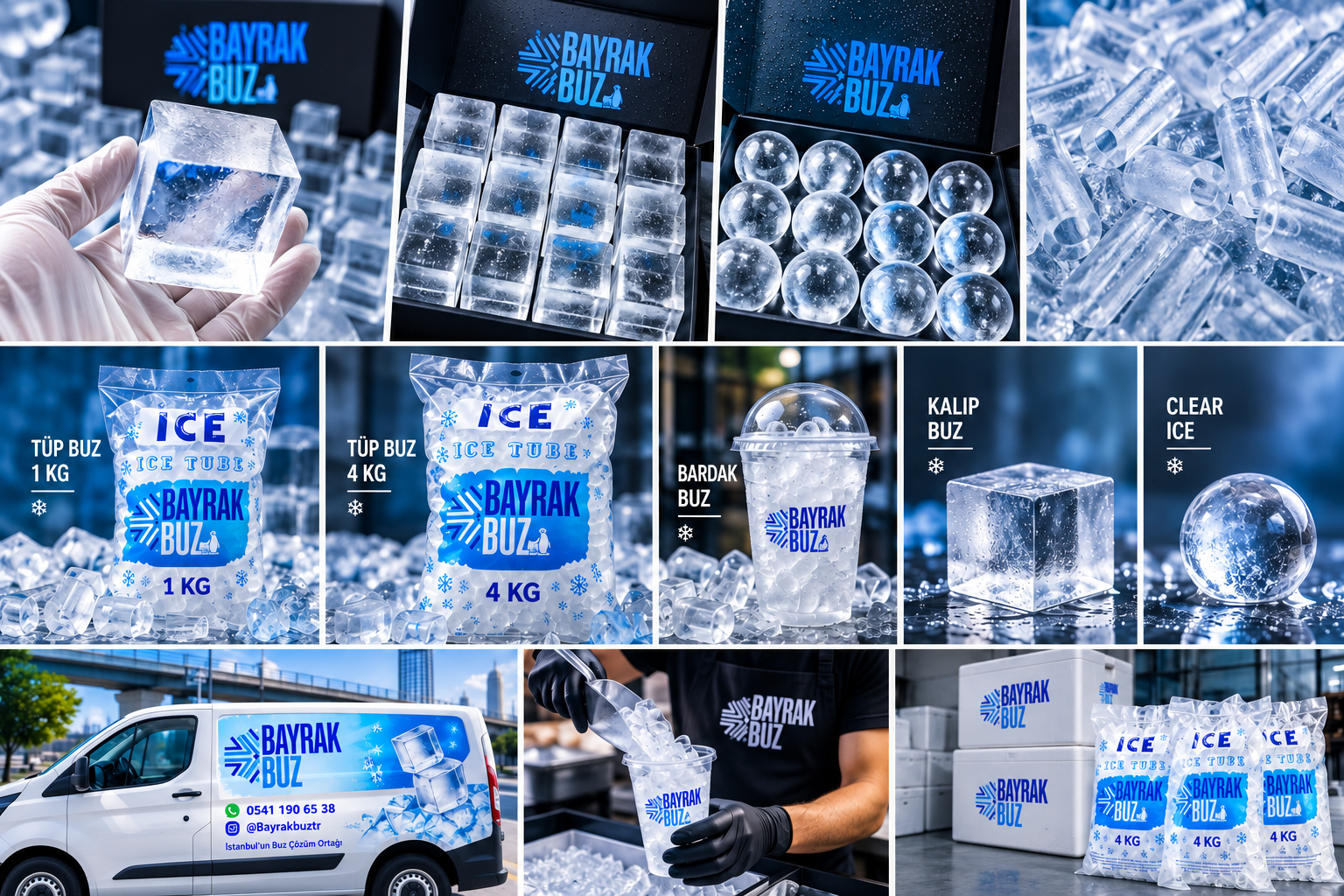 Bayrak Buz ürünleri, bardak buz, tüp buz, clear ice ve teslimat görselleri